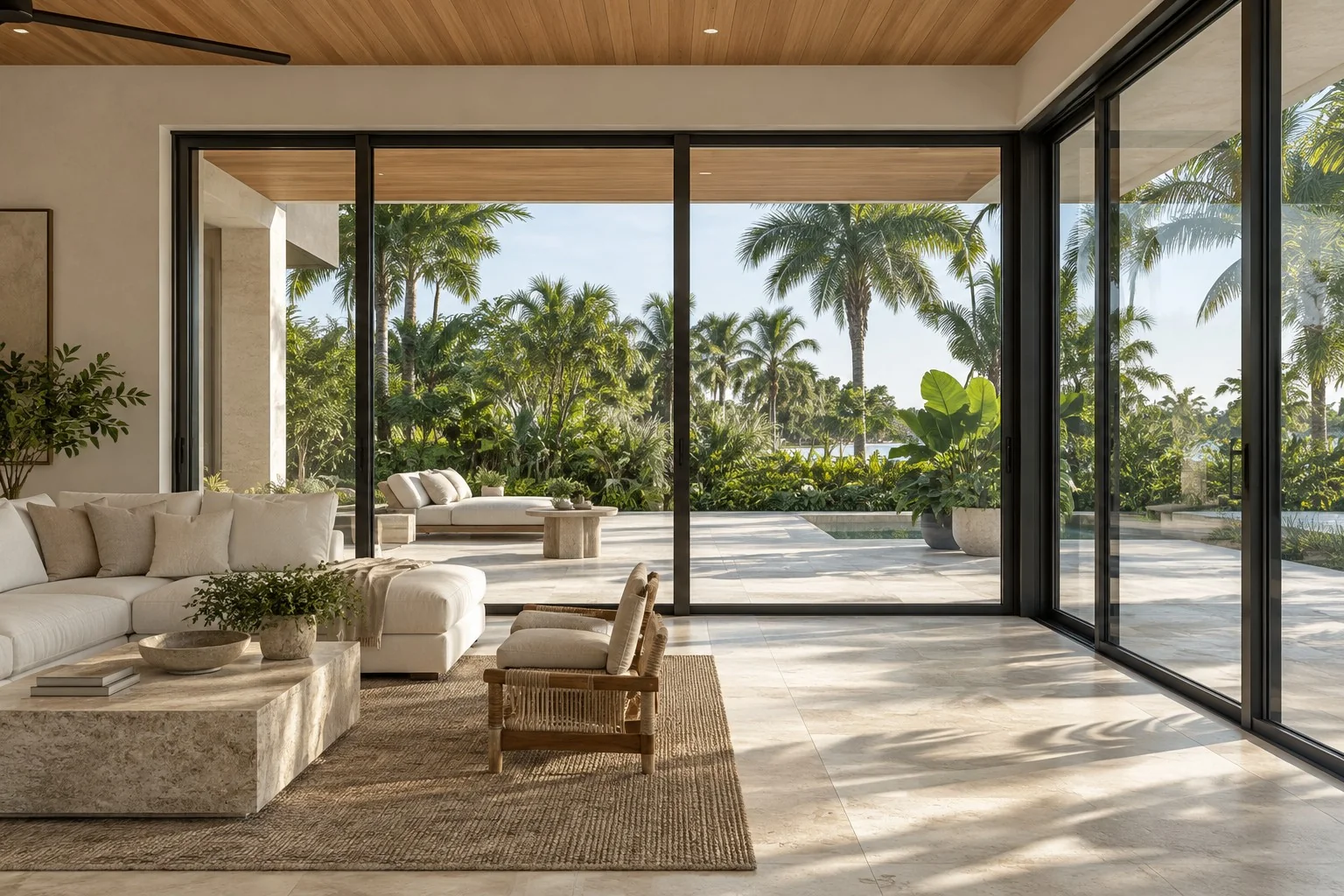 AI-generated coastal living room with expansive sliding glass doors and a tropical terrace