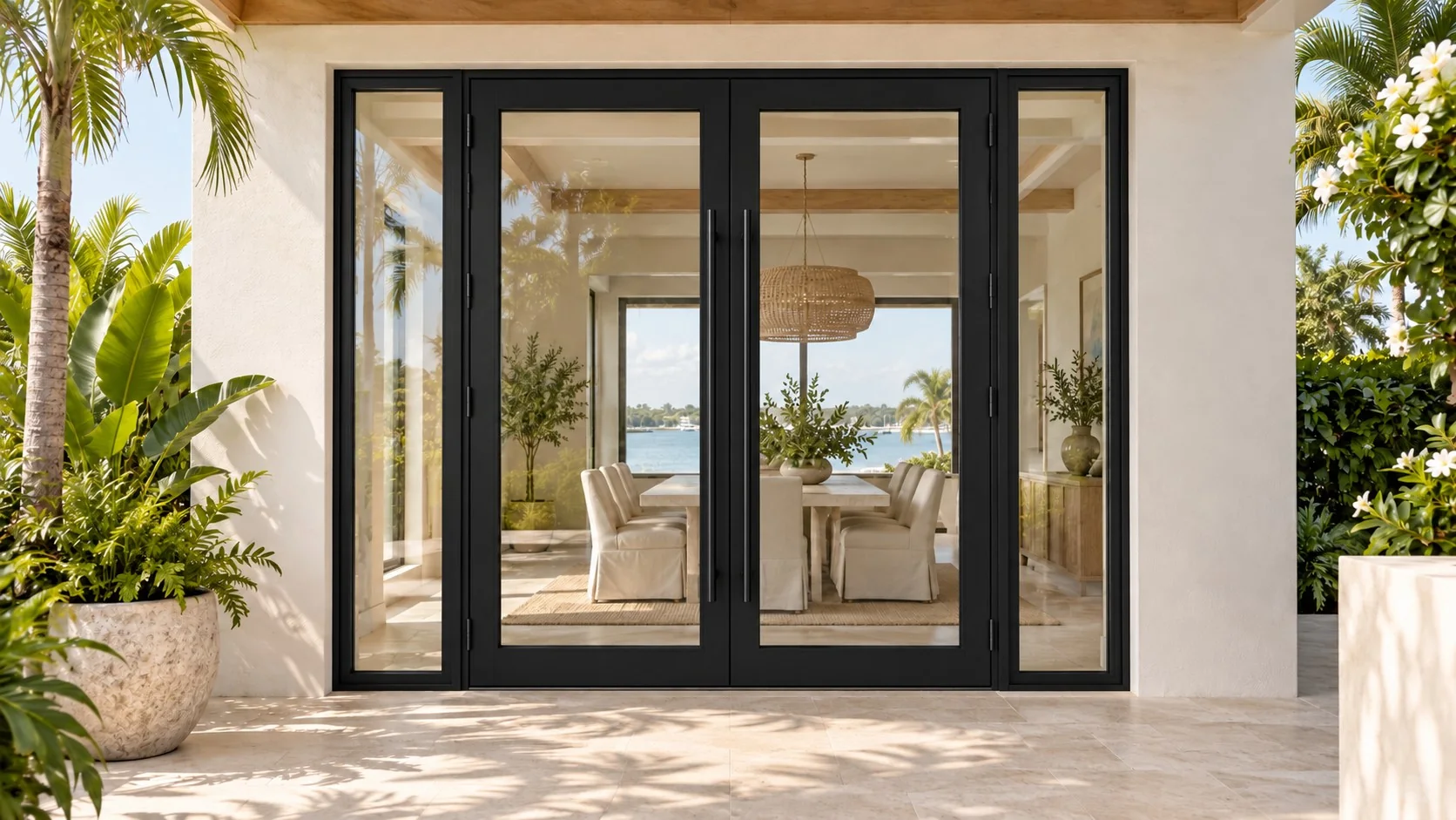 AI-generated black-framed French entry doors with tall ladder pulls and glazed sidelights