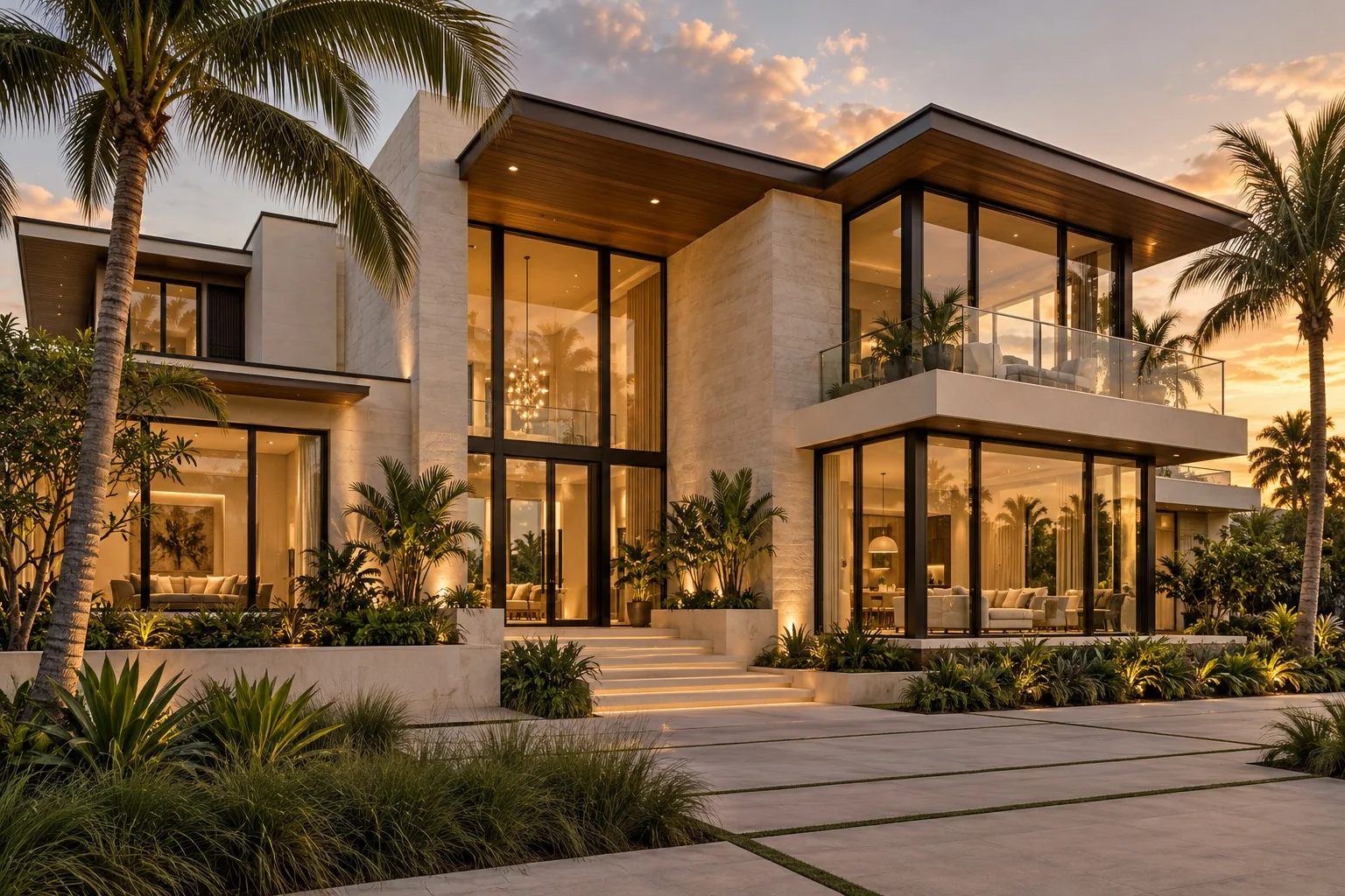 Generated architectural inspiration: luxury coastal home with expansive glazing and tropical landscaping at sunset